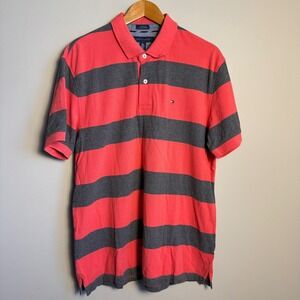 Tommy Hilfiger Mens Striped Polo Shirt Pink Gray XL Custom Fit Y2K Preppy Casual